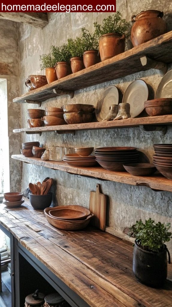 This image has an empty alt attribute; its file name is Open-Shelving-with-Rustic-Kitchenware-574x1024.jpeg